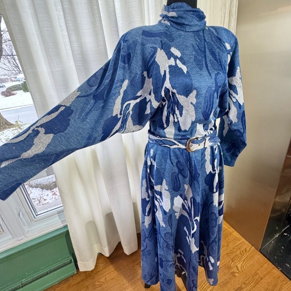 Vintage 80s dress, navy, blue, silver, grey, batwing sleeves, with belt, 8 (M) - Picture 3 of 14